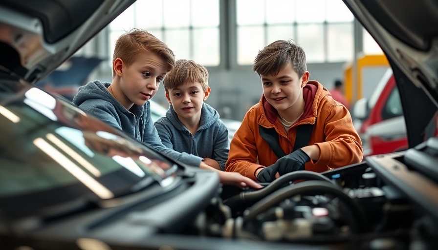 Young drivers in car care clinic learning engine maintenance.