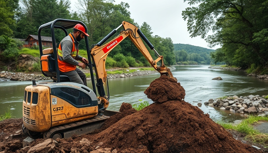 Support for veterans after Hurricane Helene: Excavator clearing debris by river.