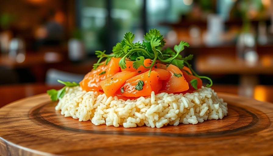 Salmon tartare on crispy rice in Miami restaurant setting
