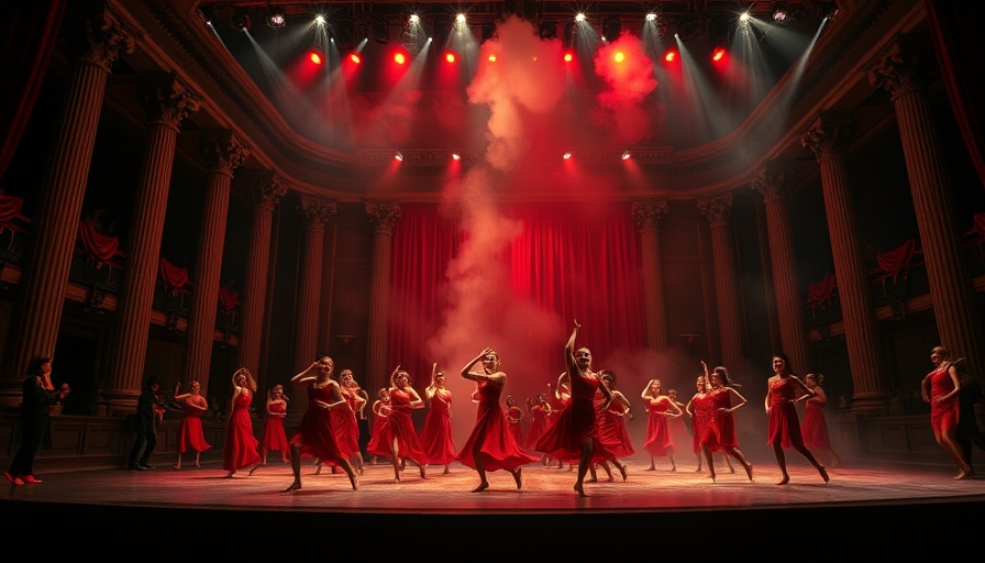 Dramatic stage show with dancers and red lighting; Lady Gaga Miami show cancellation context.