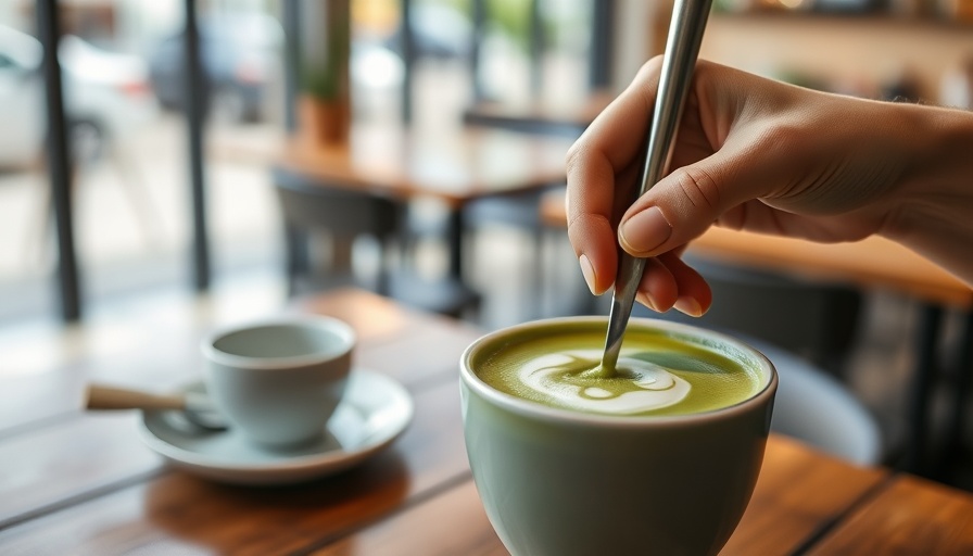 Stirring matcha latte at new coffee shop in Miami