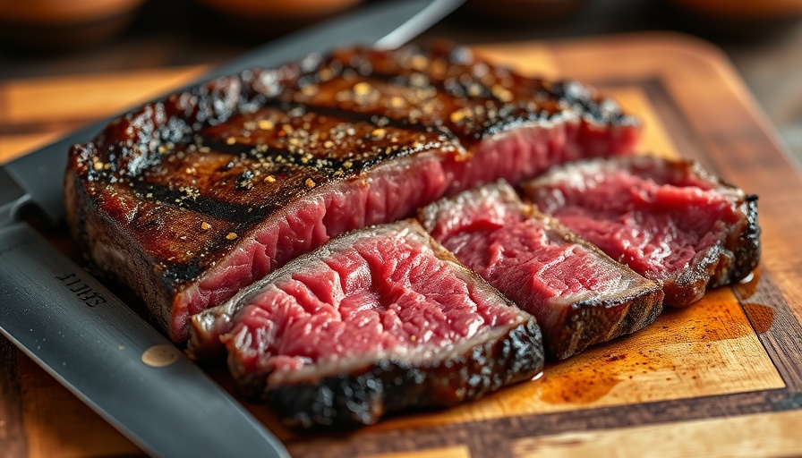 Sliced steak next to knife on wooden board, highlighting gourmet meats.