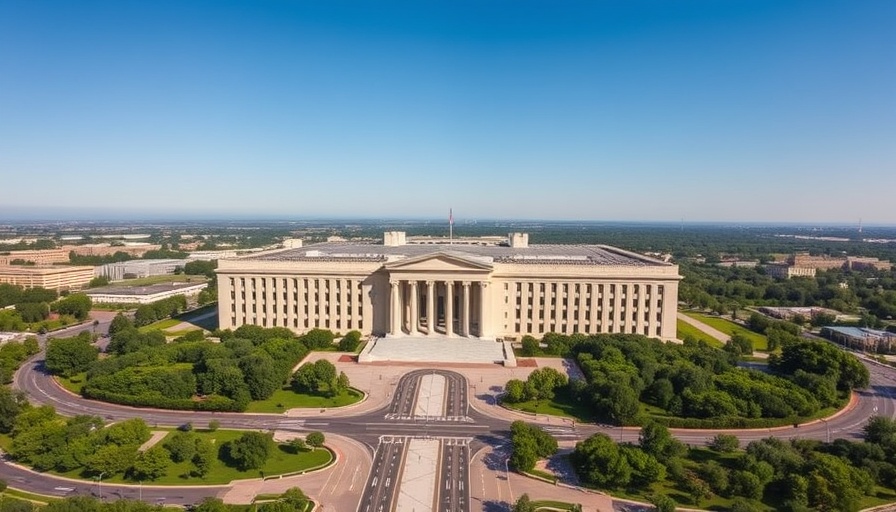 Aerial view of Pentagon under sunny sky with roads and trees.