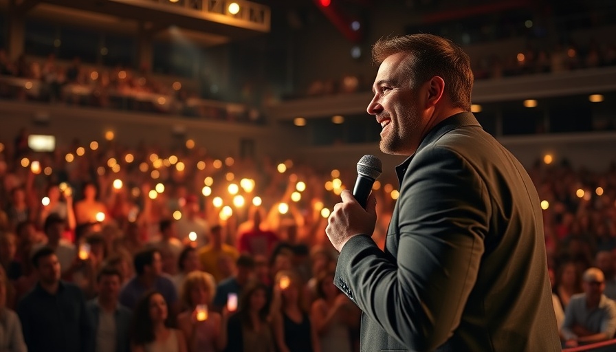 Stand-Up Comedy Shows in Miami: lively comedian captivates huge crowd in dim arena.