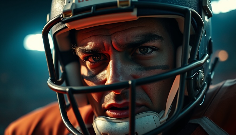Football-themed horror film Him: intense player close-up through helmet faceguard.