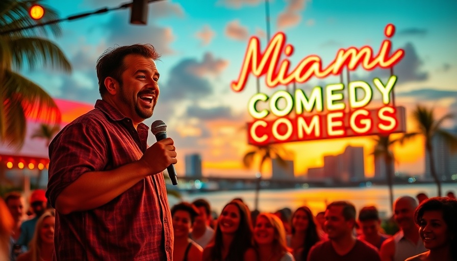 Tropical comedy show in Miami at sunset with lively audience.