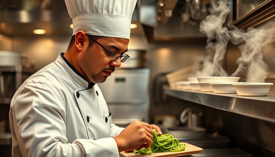 Chef skillfully preparing pasta in Wynwood kitchen, Peruvian and Italian cuisine.
