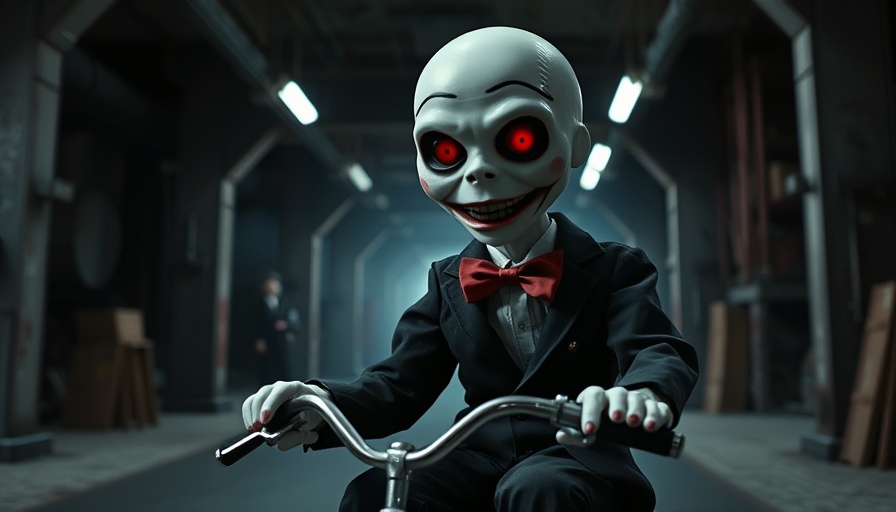 Eerie puppet from James Wan horror films in a dim industrial setting.