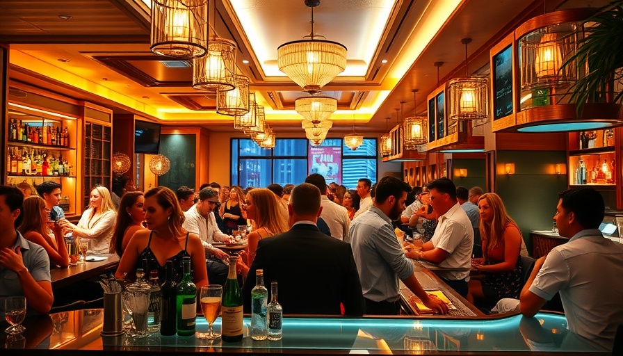 Elegant Miami restaurant bar with lively patrons enjoying drinks