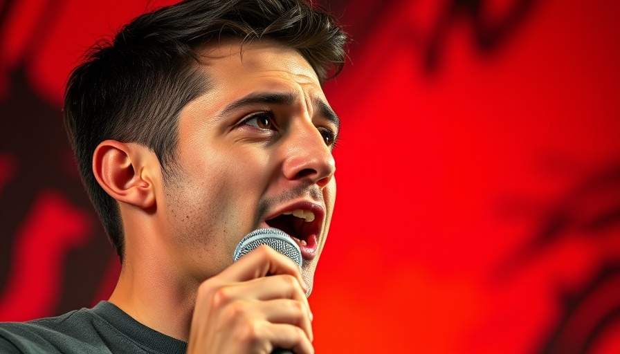 Young man speaking passionately against abstract background, controversy discussion.