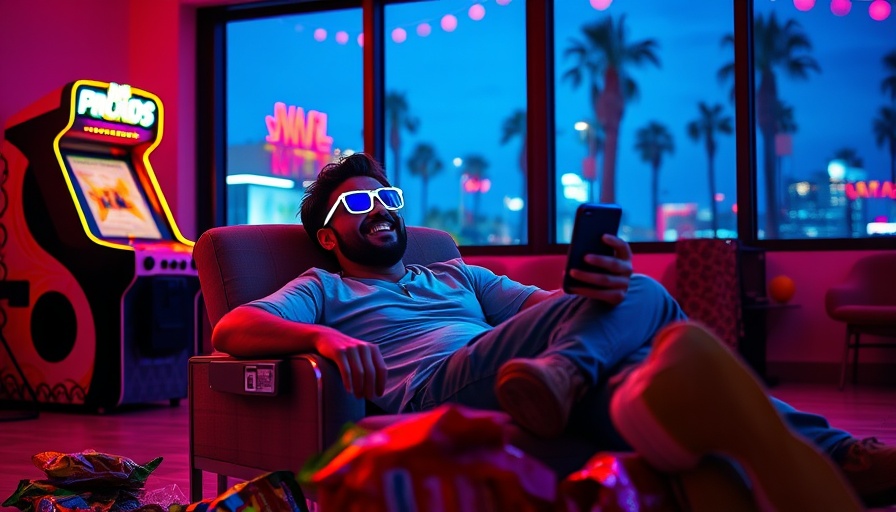 Relaxed man enjoying comedy on phone in vibrant Miami setting.