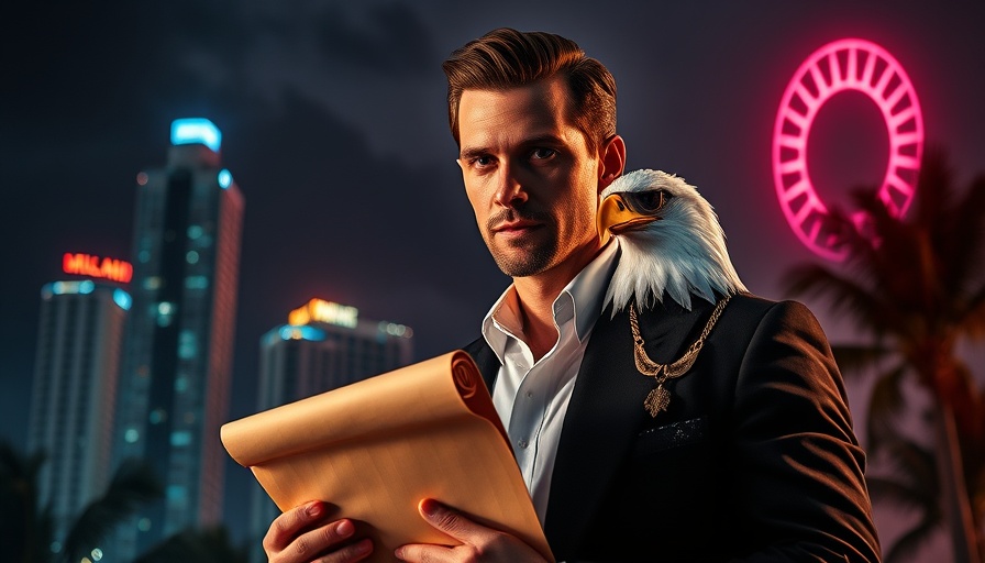 Man and eagle in Miami with neon skyline, Miami Comedy Shows 2025.