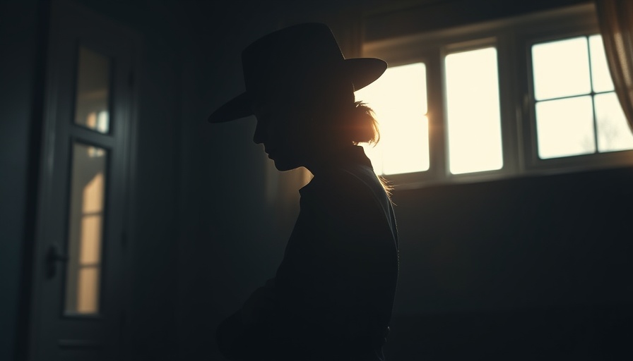 Mysterious woman in hat, subdued room lighting, contemplating.