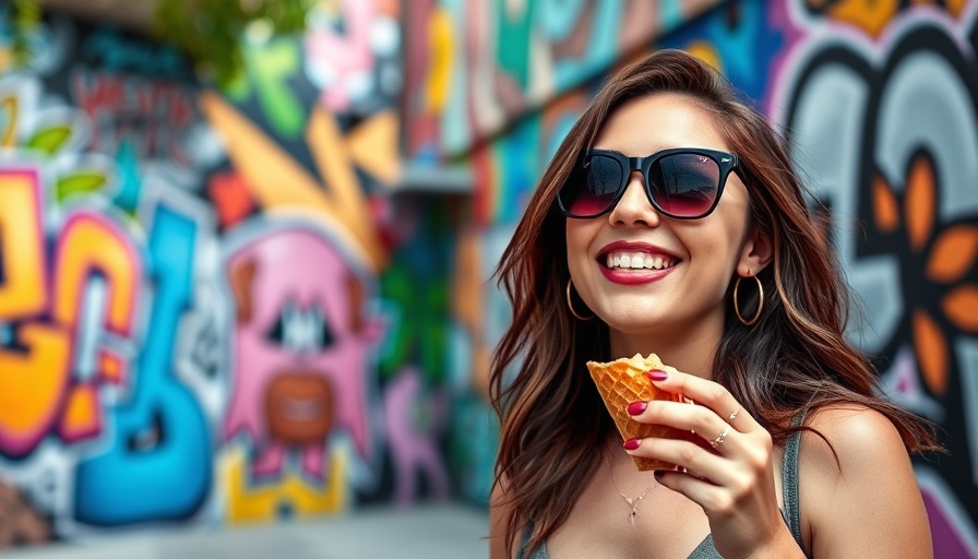 Young woman enjoying food in Wynwood's vibrant artistic streets.