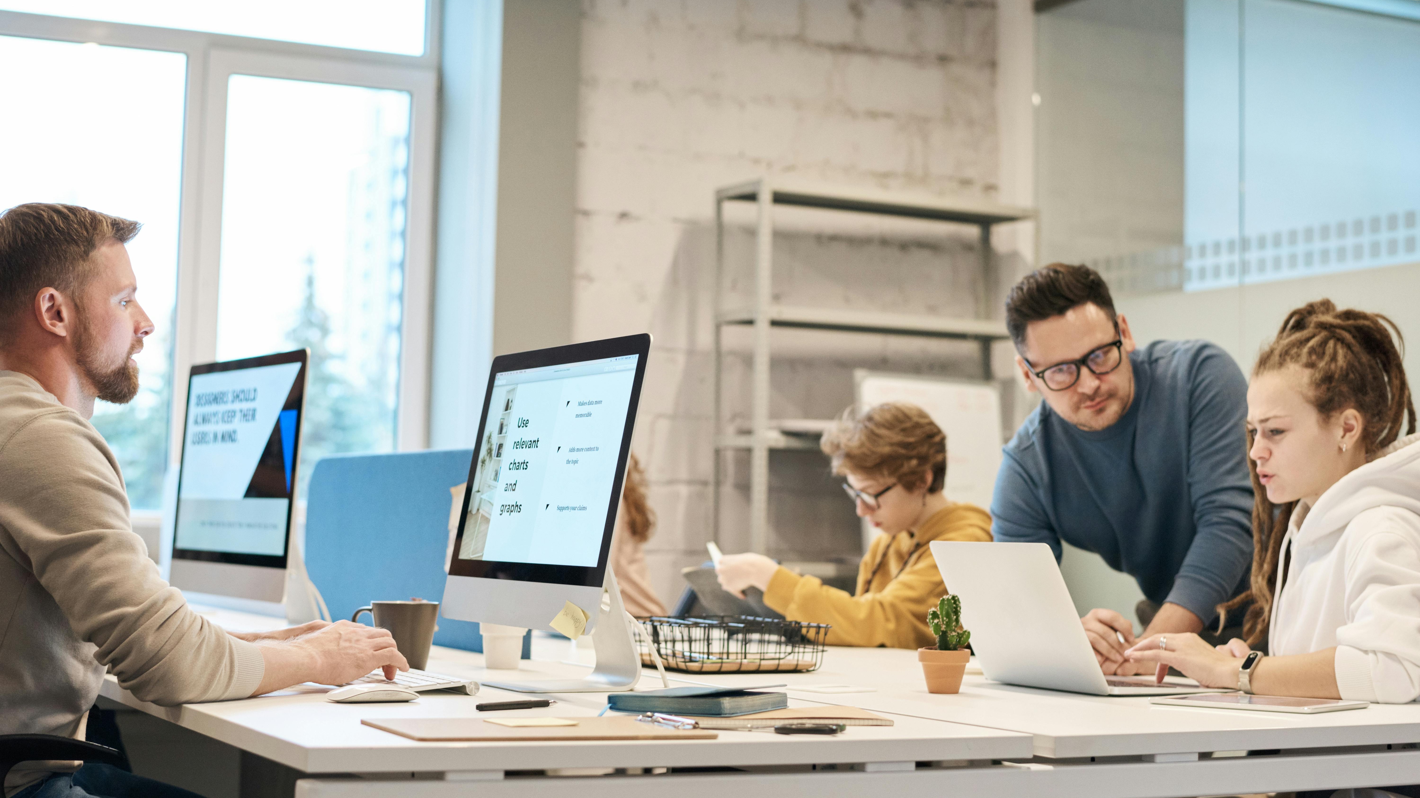 Futuristic office scene showcasing HR technology.