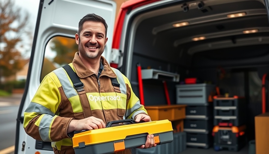 Openreach worker in front of service van, highlighting equipment and tools.