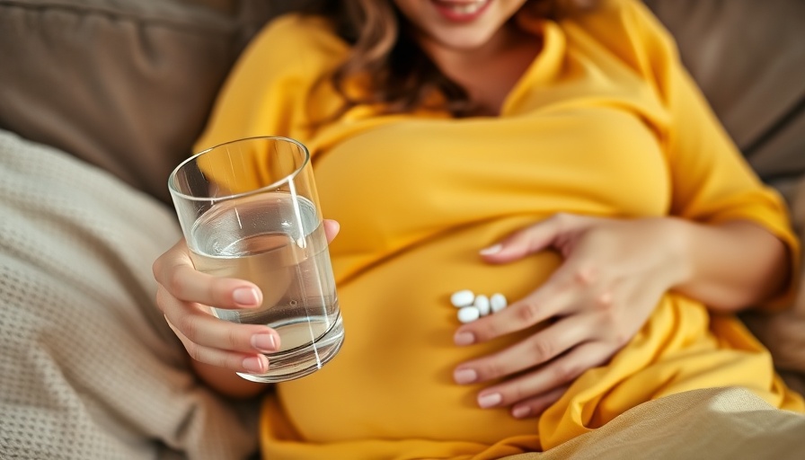 Pregnant woman holding prenatal vitamin and water.