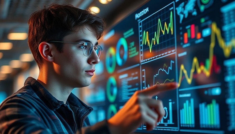 Young man analyzing digital data visualization, future of work automation concept.