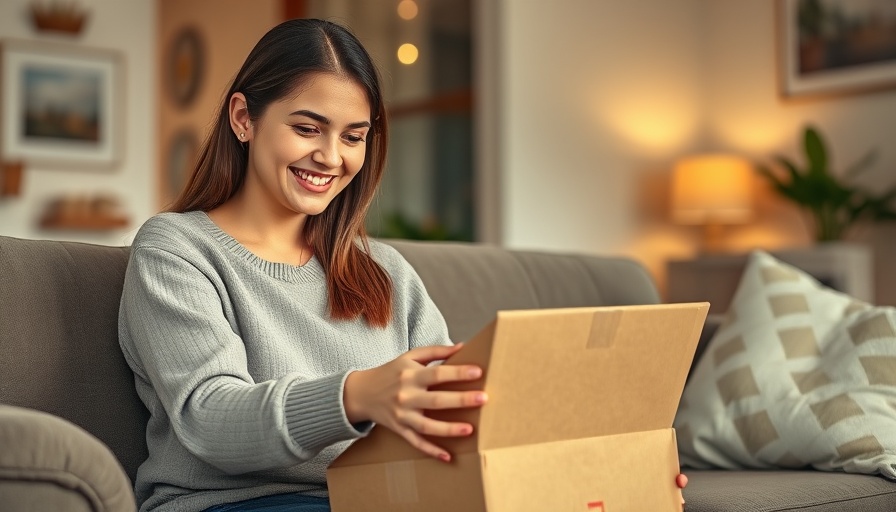 Young woman unpacks delivery at home, future of work automation.