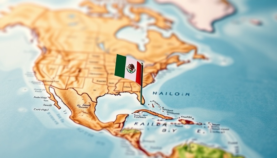 Map of Mexico with flag pin highlighting AI regulation in creative industries.