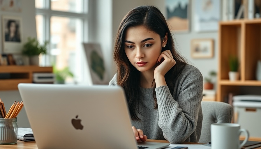 Young woman pondering employment challenges on laptop in home office.