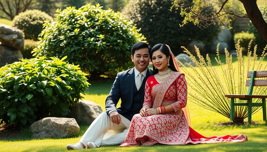 Elegant couple in traditional attire reflecting in a lush park.