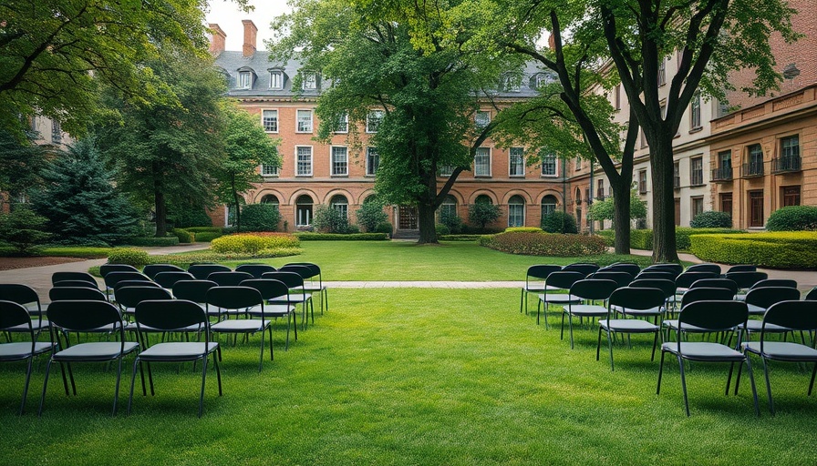 Tranquil university garden scene with chairs, historic setting