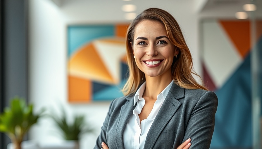 Professional woman in business setting with geometric art in background