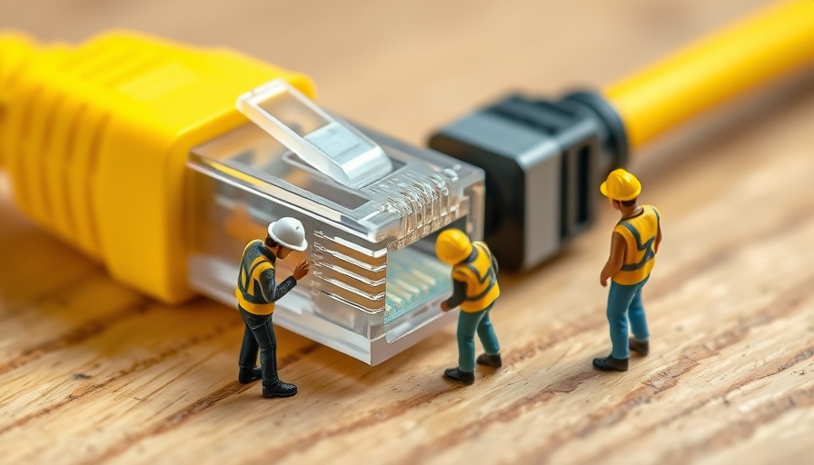 Miniature workers fix Ethernet plug for troubleshooting spotty internet.