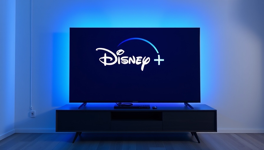Smart TV with Disney Plus logo, ambient blue lighting.