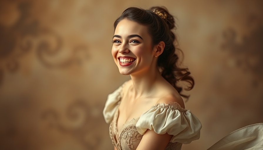 Smiling ballerina in vintage attire, joyful expression, Jewish ballerina Auschwitz riot.