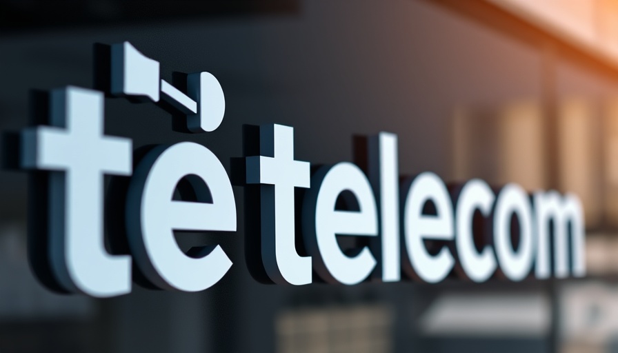 Telecom company sign with logo on a dark background.