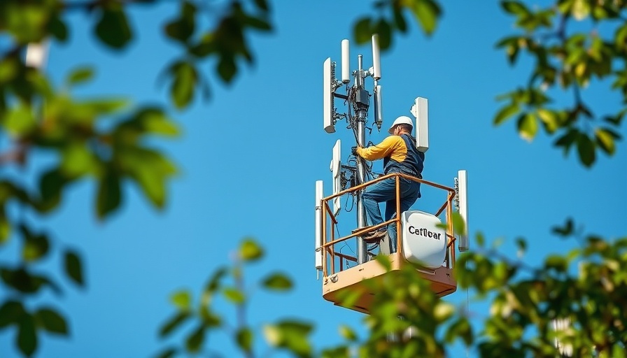 Technician working on cellular tower, urban broadband market strategies.