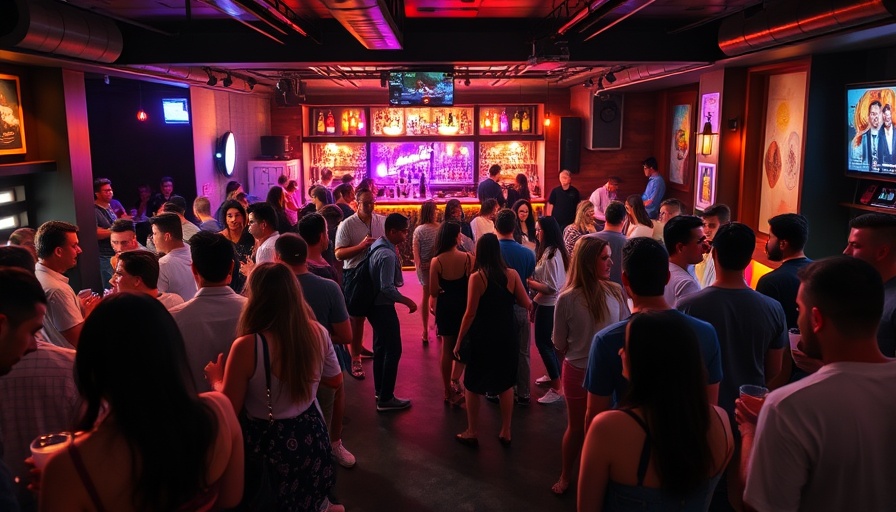Vibrant social event with diverse crowd at bar, AI startups theme