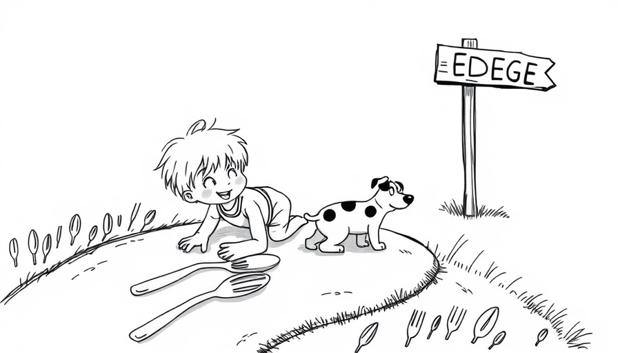 Whimsical cartoon of a child and dog on a forked path, leadership theme