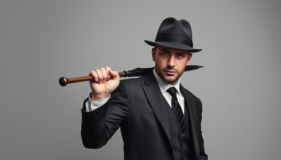 Man in bowler hat holding umbrella, mysterious pose in grey backdrop