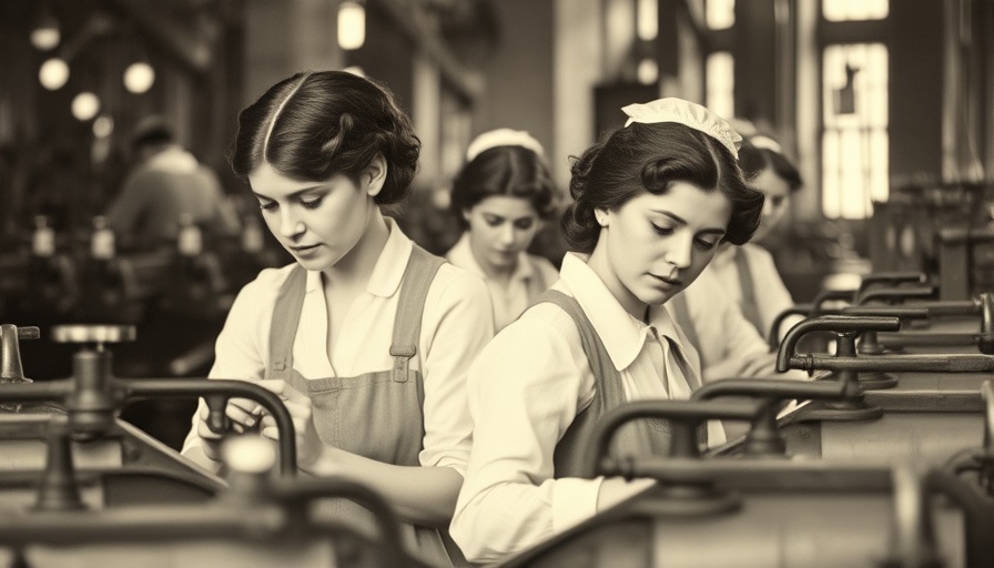 Historic image of women factory workers, highlighting early workplace culture.