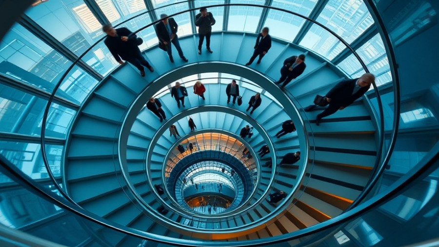 Abstract spiral staircase with silhouettes, symbolizing future of work automation.