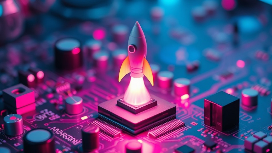 Futuristic rocket on microchip with vibrant lights representing HR technology.