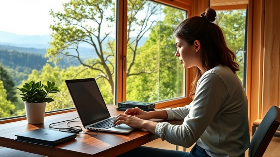 Woman working on remote job applications with laptop by scenic window.