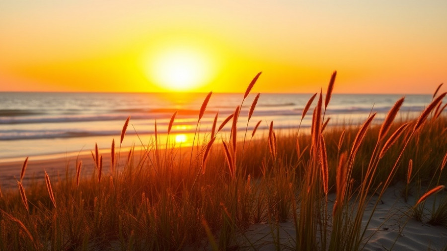 Tranquil sunset over a beach with tall grass and soft golden lighting.