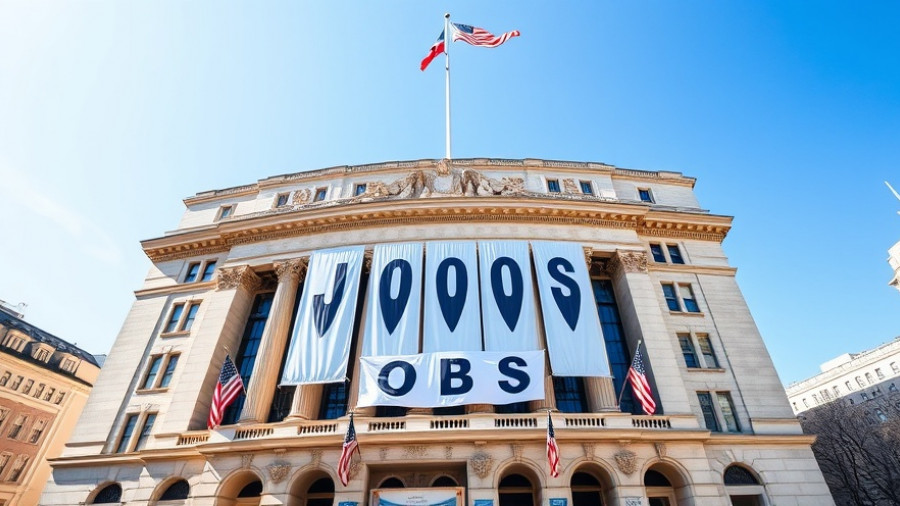 Historic building with JOBS banners related to H-1B visa fee lawsuit.