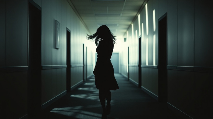 Woman walking in office hallway, workplace caregiver mental health.