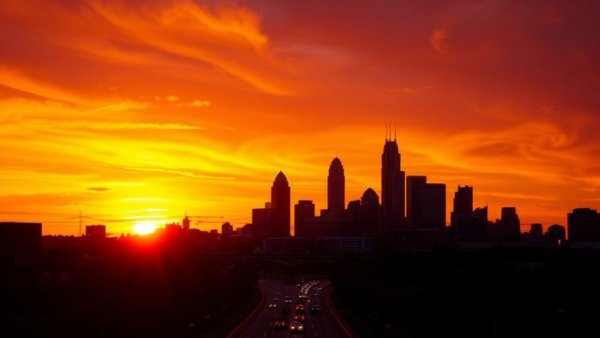 Charlotte skyline at sunset with cars on highway, vibrant colors.