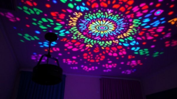 Smart home device projecting colorful LED patterns on ceiling