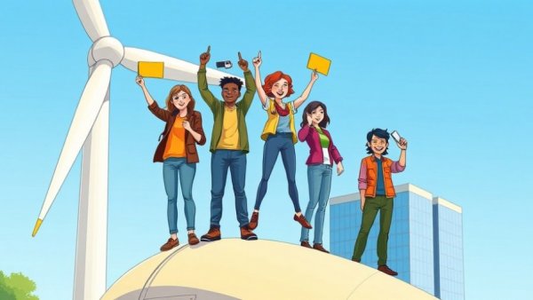 Employees demonstrating activism on a wind turbine, cartoon style.