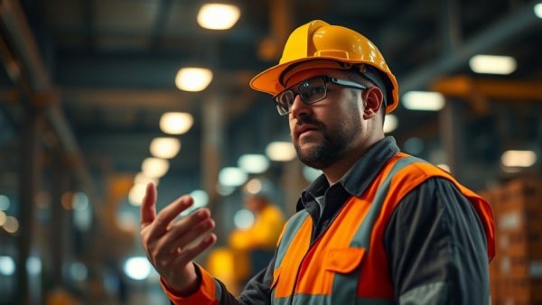 Industrial worker pointing at night in a brightly lit factory setting, related to AI-Driven Forecasting.