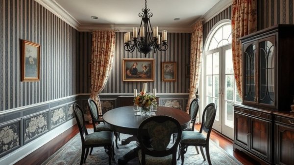Traditional dining room with outdated features like floral curtains and striped wallpaper, showcasing classic dining elements and soft natural lighting.