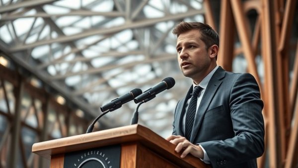 Speaker delivers speech at podium in urban setting, emphasizing economic strategy.