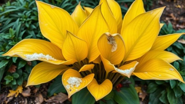Frost-affected hosta plant with yellowing leaves surrounded by greenery.